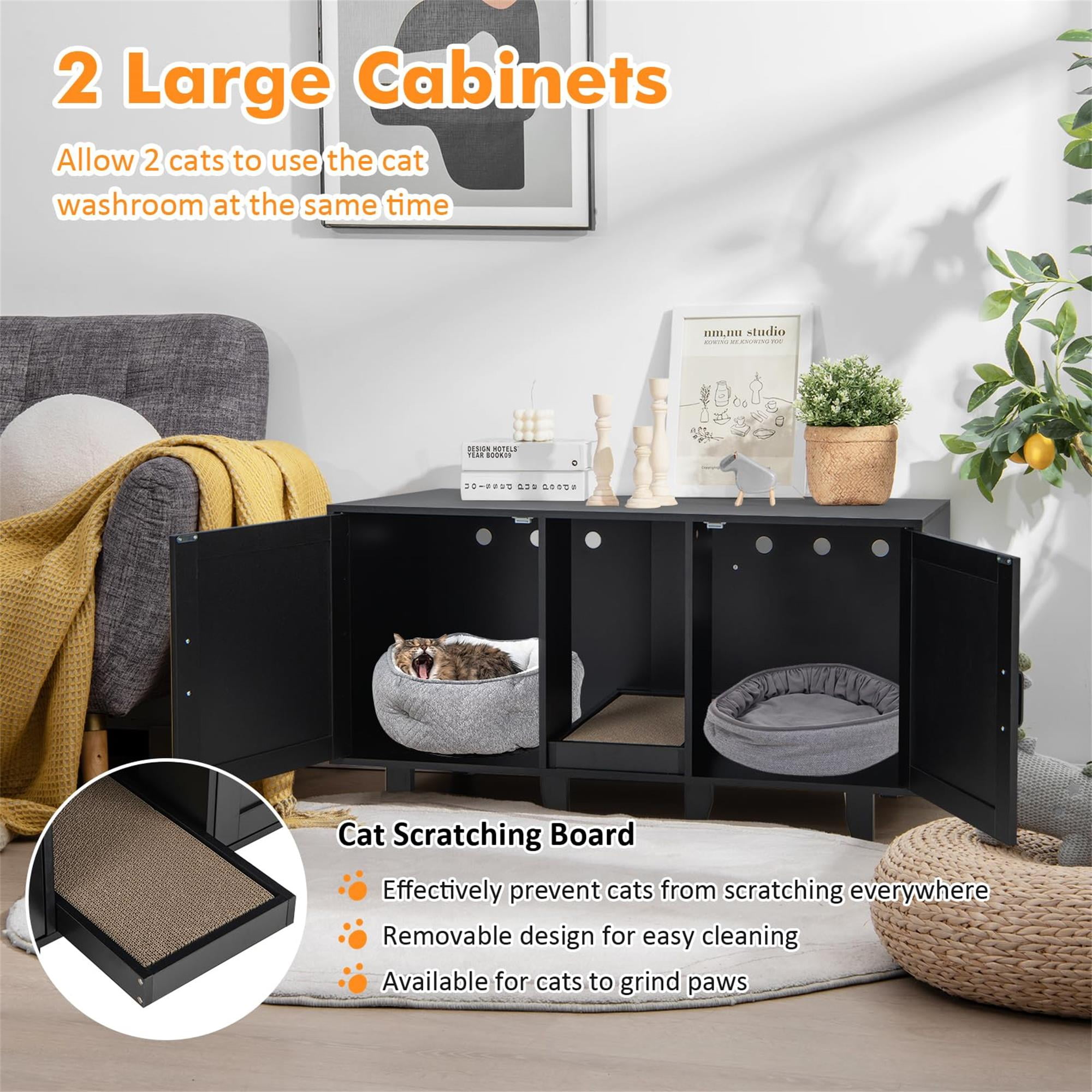 Kadyn 47" Litter Box Enclosure for 2 Litter Boxes, Hidden Cat Washroom with 2 Cabinet House, Scratching Board, Indoor Cat Litter Furniture, Black