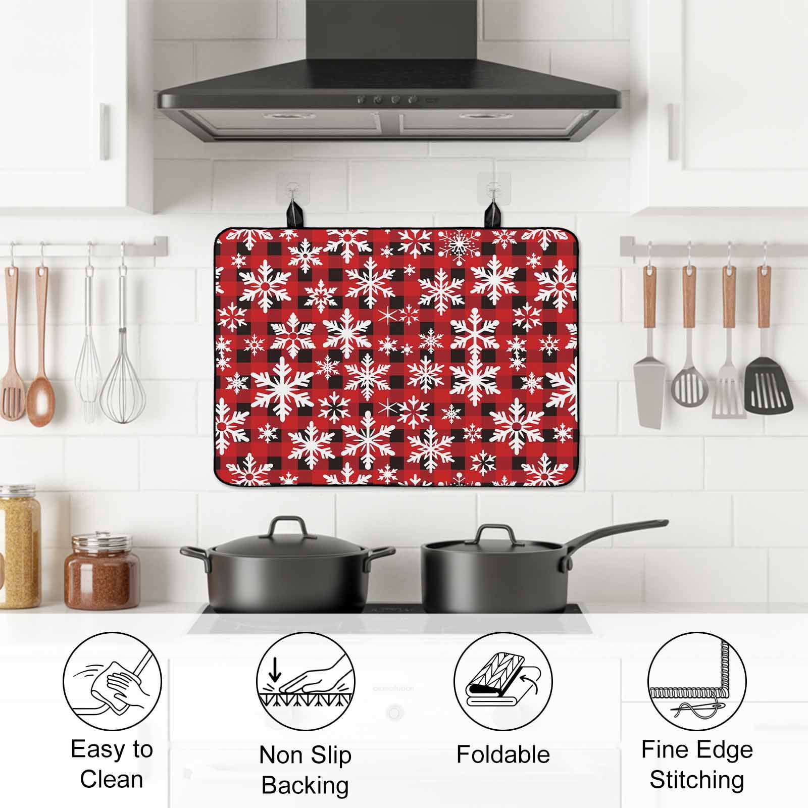 Christmas Stove Top Cover for Electric Stove, Heat-proof & Non Slip Glass Top Stove Cover Protector, Winter Snowflakes Red Black Buffalo Plaid Kitchen Flat Cooktop Rubber Mat 24x21 Inches