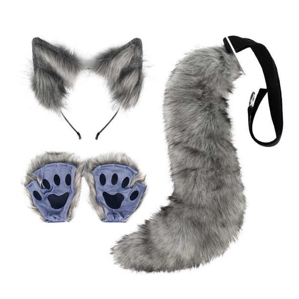 Conjunto de orejas y cola de animales Yinane Diadema de felpa Gris oscuro