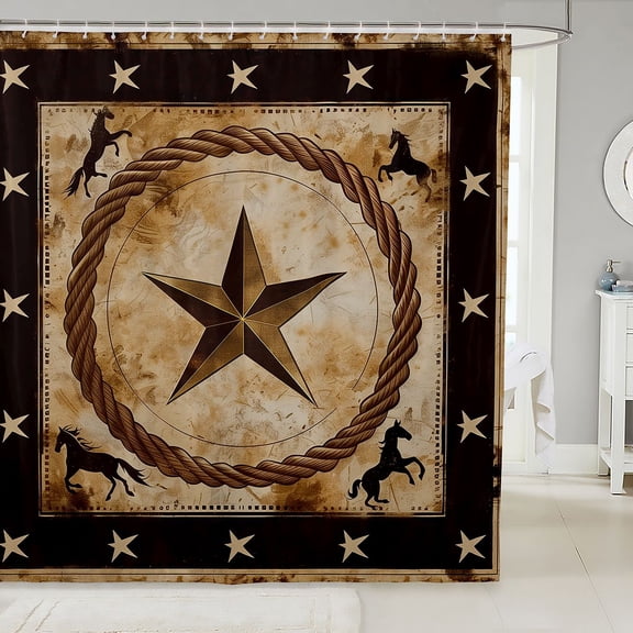 Manfei Vintage Western Stars Shower Curtain 72Wx72L,Boho Wild Horse Bathroom Curtain,Cream Brown