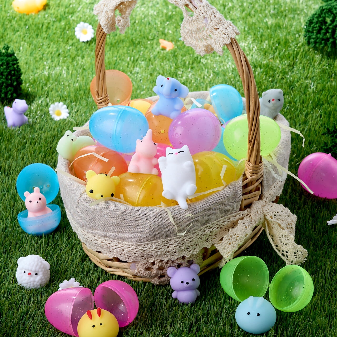 Joyfy 24 Pack Prefilled Glitter Easter Eggs with Toys,Mochi Squishy Small Toys for Easter Eggs,Stuffed Easter Baskets for Toddler Kids