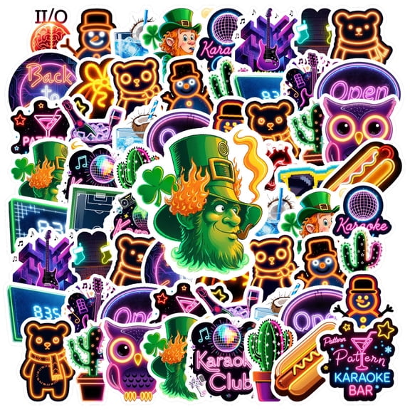 35pcs Neon Cartoon Stickers Stationery Stickers Glow Party Stickers Kids Stickers PVC Graffiti for Laptops Suitcase Notebooks