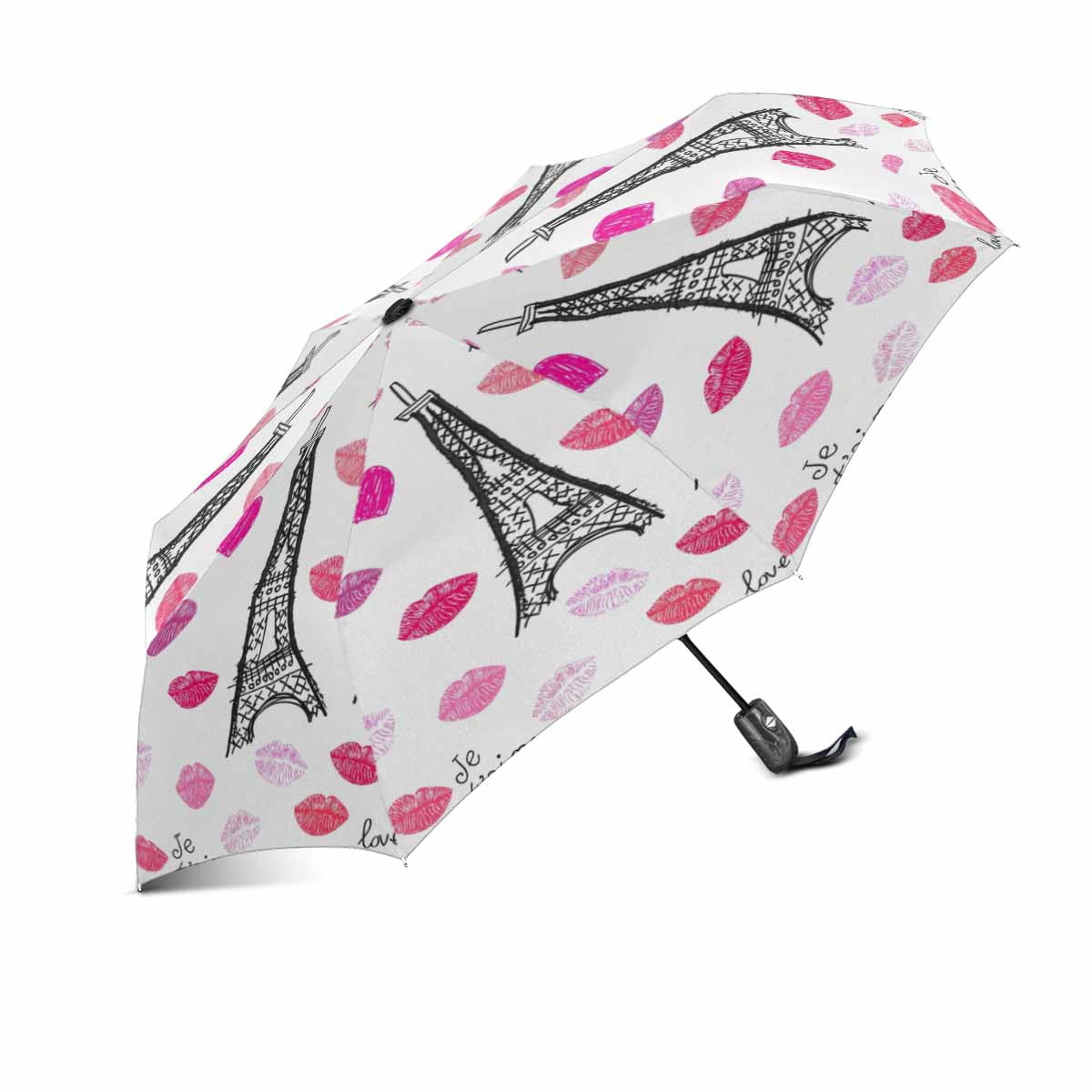 SUNENAT Cute Kiss and Lips with Paris Eiffel Tower Windproof Compact Automatic Folding Umbrella