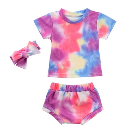 

Musuos 3Pcs Toddlers Summer Gradient Rainbow T-Shirt + Shorts + Hairband
