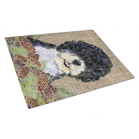 Caroline's Treasures SS4081LCB Portuguese Water Dog on Faux Burlap with Pine Cones Glass Cutting Board Large, 12H x 16W,