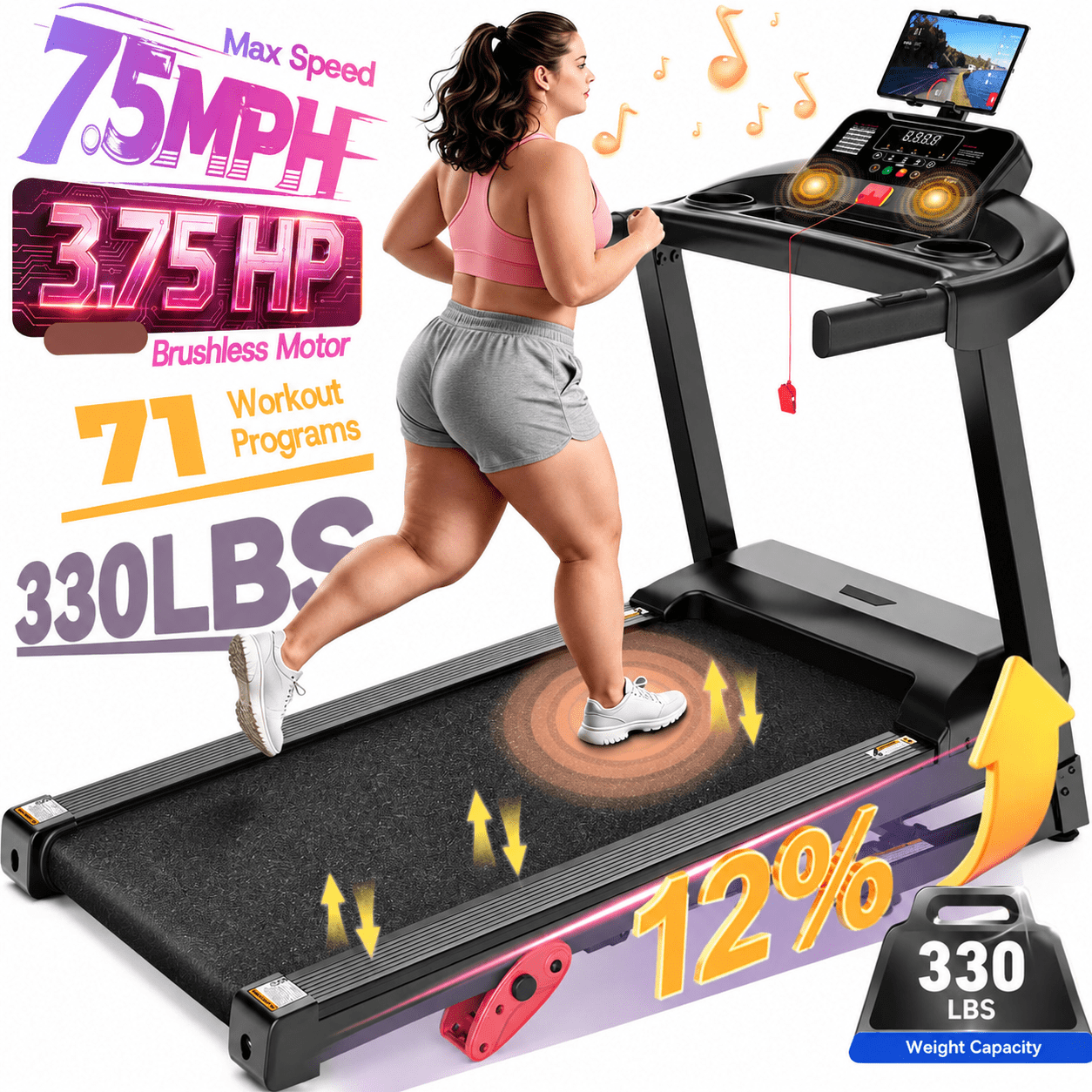105 Programs Treadmill for Home, Foldable 3.65HP Treadmill with 10% Incline, Portable Treadmill 320lb Capacity, 9MPH Jogging Walking Treadmill with APP Control,Cushioned Belt,Exercise Treadmill