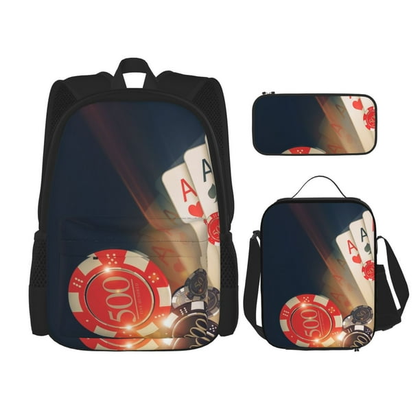Disketp Casino Poker Chips Mochila Estampada de Gran Capacidad con Lonchera y Estuche, Set de 3 Piezas para Estudiantes