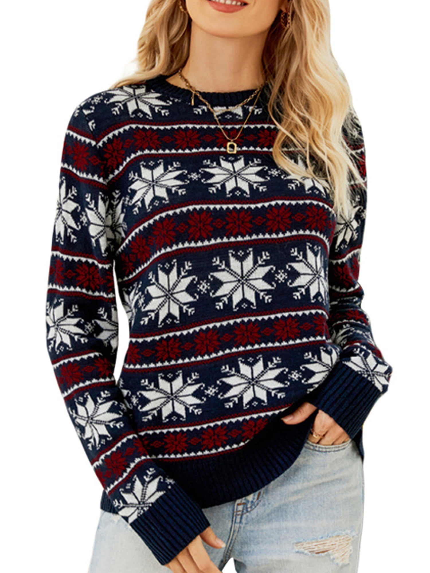 Musuos Women Christmas Sweater Oversized Pullover Santa Snowflake