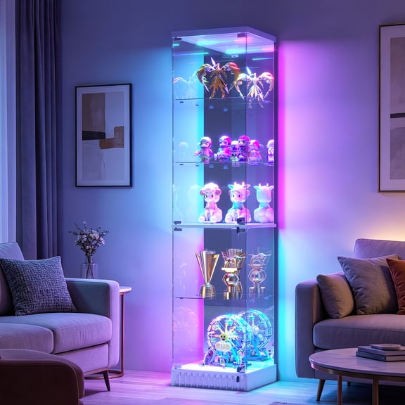 LVSOMT 67''RGB Lockable Display Cabinet,Curio Cabinet with Glass Doors,5-Tier Glass Display Cabinets with Motion Sensor Lights for Living Room Bedroom, White