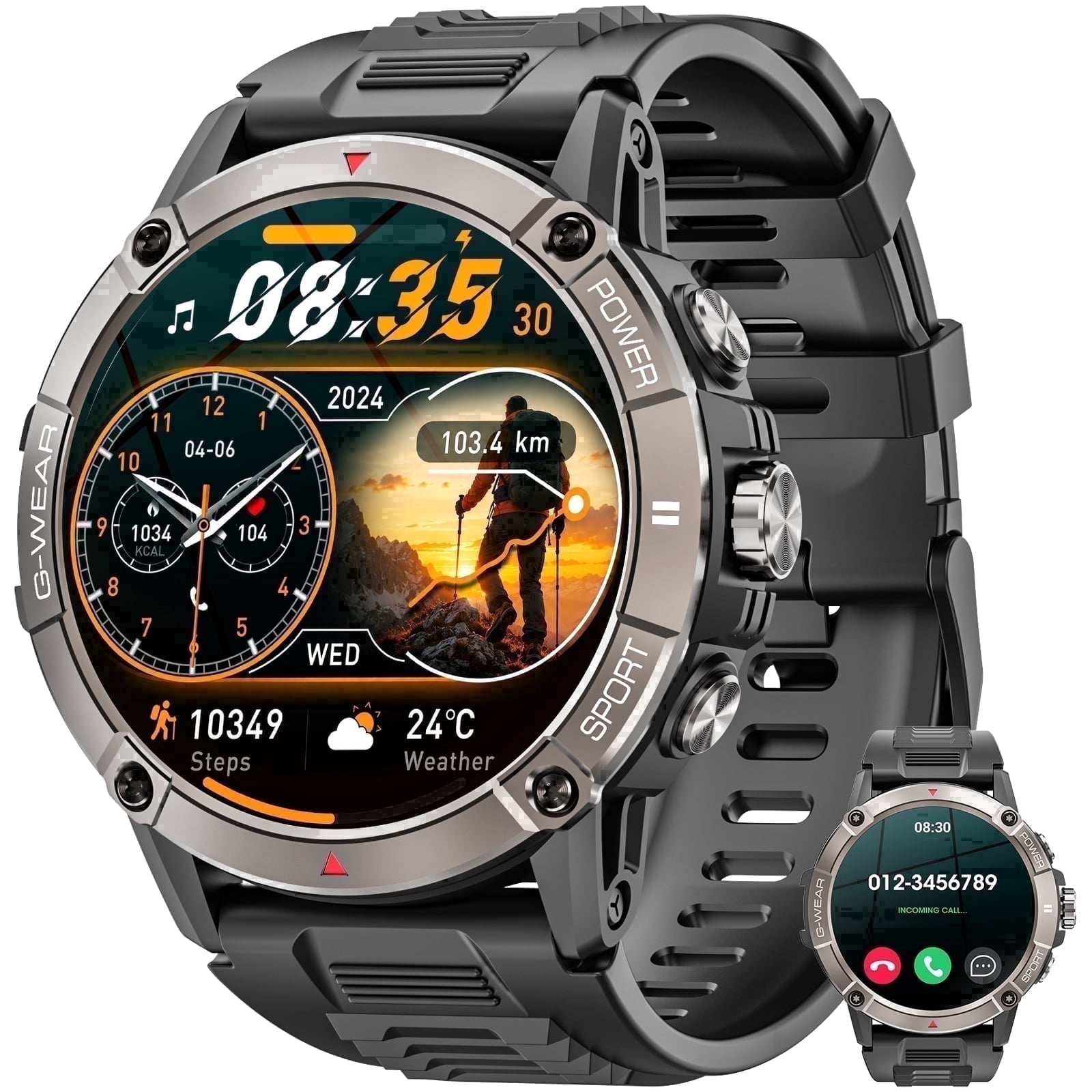 Mingdaln Military Smart watch for men,1.52'' AMOLED with 120+ Sport Modes/ IP68 Waterproof /Bluetooth Call, Rugged Fitness Tracker ,smartwatch for Android and iPhone devices(Black)