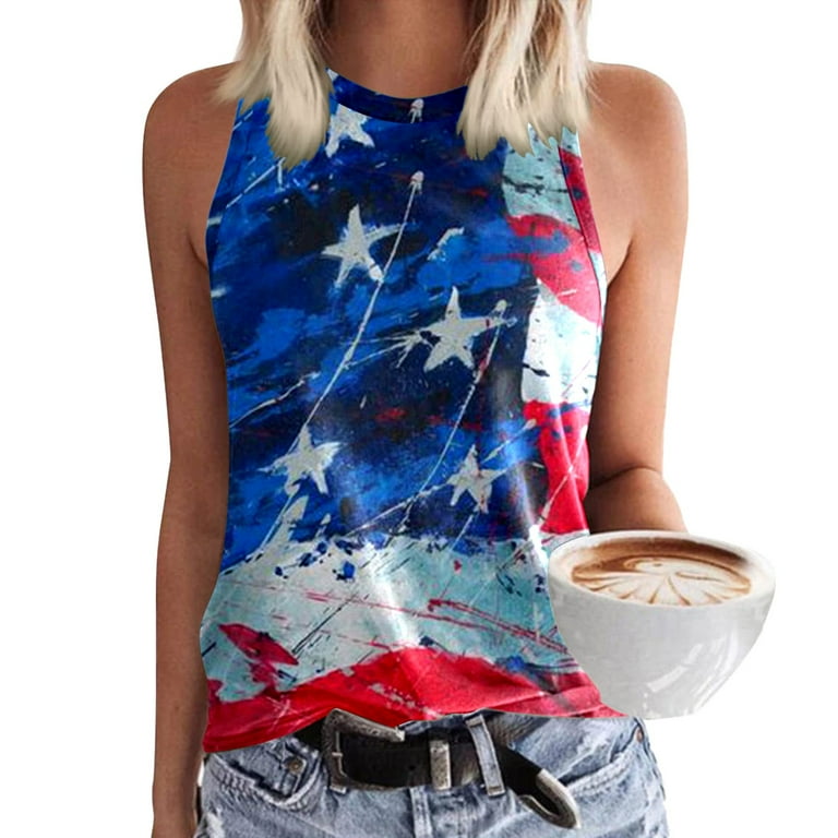 EHQJNJ Tunic Tank Tops for Women Built in Bra Crewneck Sleeveless  Independence Day Print Tank Tops Summer Casual Loose Fit Basic T Shirts  Beach Blouse
