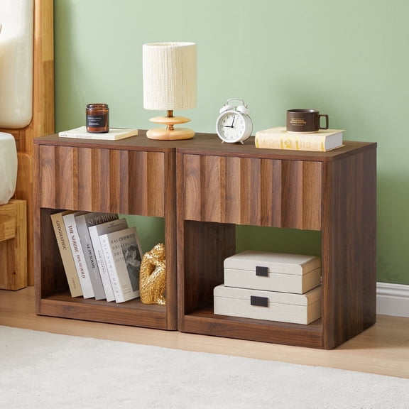 MIYZEAL Fluted Nightstand Set of 2 with Drawer, Mid Century Modern Bedside Table with Open Storage Shelf for Bedroom, Living Room, Office (Walnut)