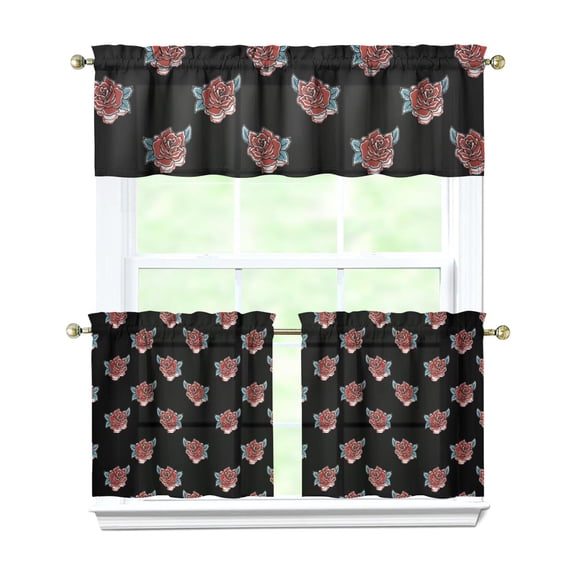 Pioneer Kitchen Curtains and Valance Set 24 Inch Tier Red Rose Floral Curtains Small Drapes for Cafe Living Room Bathroom Farmhouse 3 Pieces Set Rod Pocket