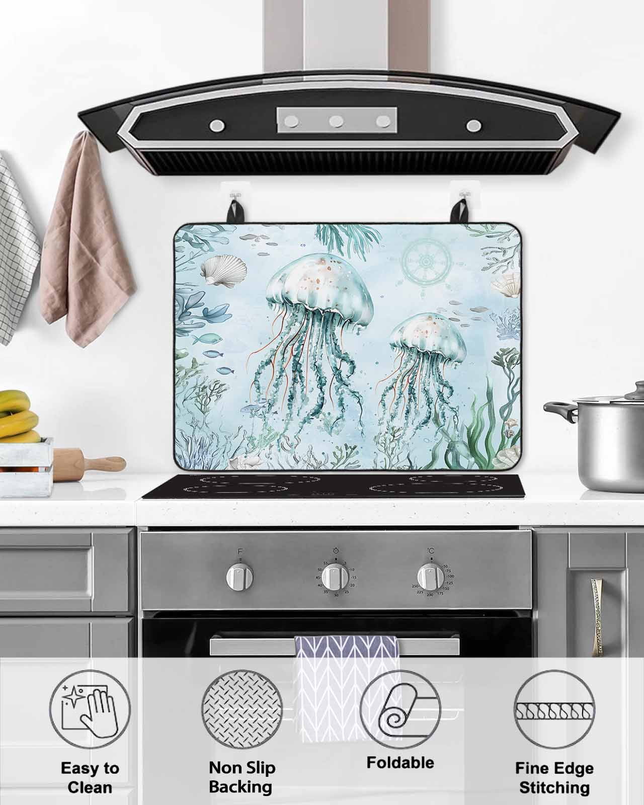 nqOlkjepod Large Induction Cooktop Protector Mat 36"x21", Aqua Jellyfish Stove Top Covers for Electric Stove, Coastal Nautical Ocean Shells Seaweed Stove Burner Cover Mats, Glass Top Stove Cover