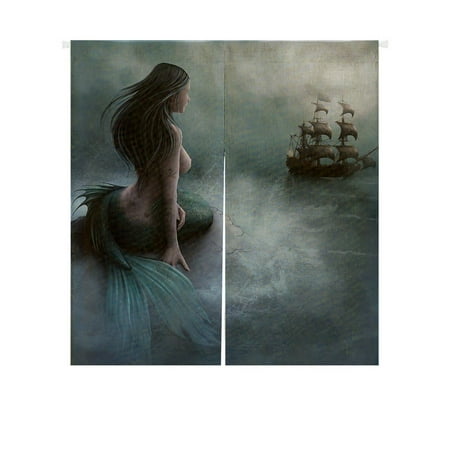 Mermaid And Ship GCKG Mermaid and the Sailing Ship Japanese Noren Doorway Curtain Doorway Curtain Door Curtain Entrance Curtain Size 85x90cm ()