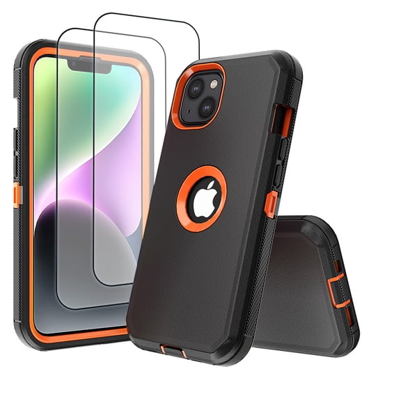 Hotpom for iPhone 13/ iPhone 14 Case with 2 Pack Screen Protector Slim Shockproof Dust/ Drop Proof Protection Women Men universal Phone Cover, Black/Orange