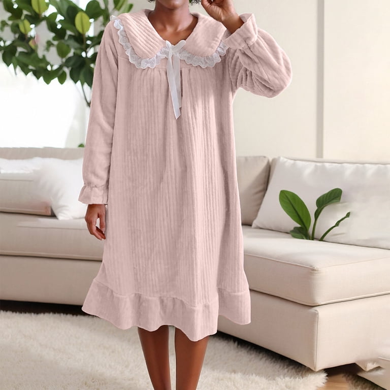 night dress winter Municipal Lace Nightgown Fleece Sleepwear Womens Winter Night Dress Warm One Piece Pajamas Long Sleeve Solid Bow Ruffle Home Wear
