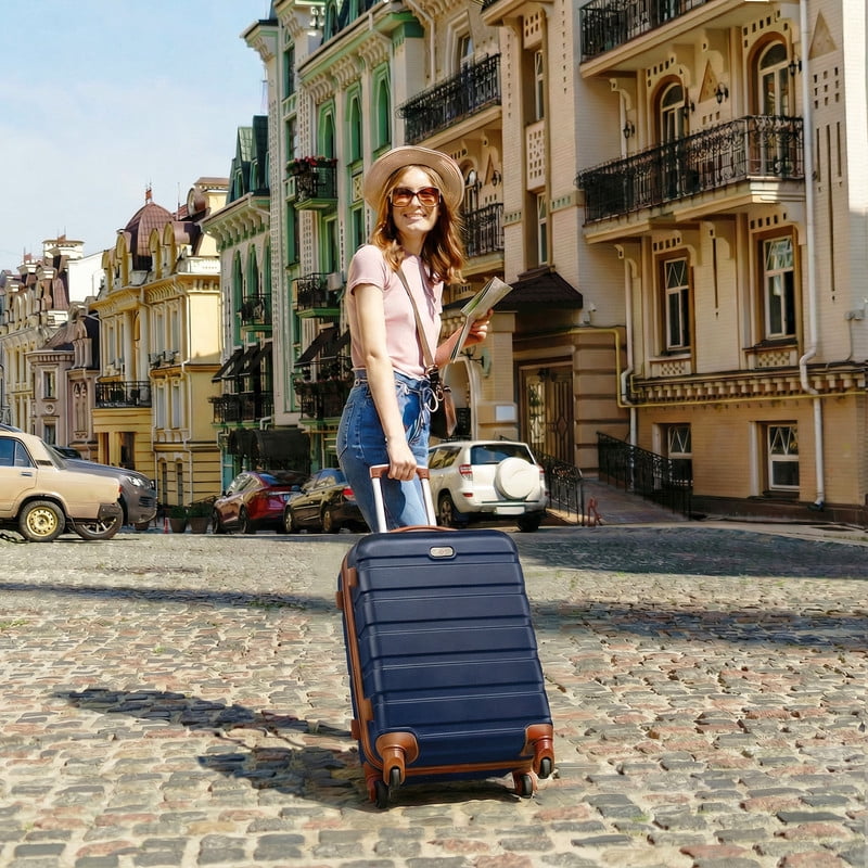 Gowill 3 Piece Luggage Sets,20 inch Hardside Lightweight ABS Carry-On Suitcase With Expandable Duffle Bag (Navy Blue Tan)