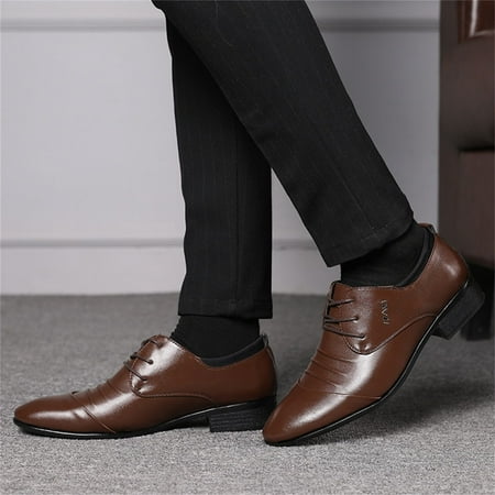 

Yolai Fashion Summer And Autumn Men Leather Shoes Low Heel Pointed Toe Lace Solid Color Business Style