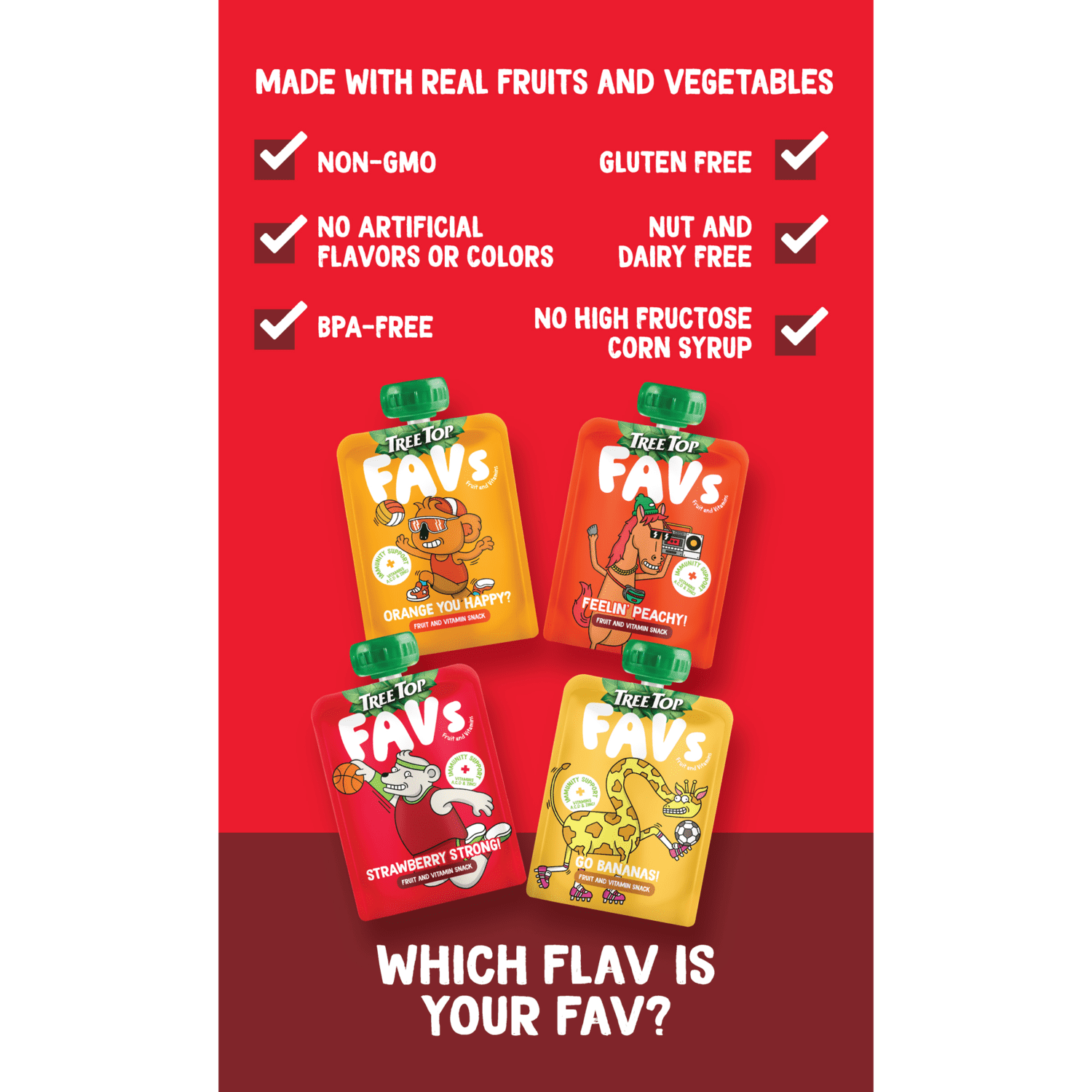 Tree Top FAVs® Strawberry Fruit and Vitamin Immunity Pouch, 3.2 Ounce, 10 Count