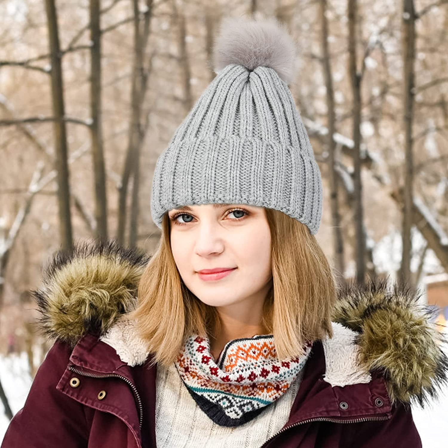 Muryobao Womens Winter Warm Knitted Hat Satin Silk Lined Cable Knit Beanie Chunk Muryobao Womens Winter Warm Knitted Hat Satin Silk Lined  main image 3