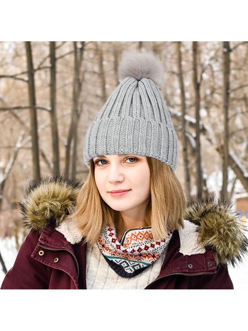 Muryobao Womens Satin Lined Winter Beanie Hat with Faux Fur Pom Cuffed Warm Knit Muryobao Women Satin Lined Beanie Hat Knit Cuffed Warm  main image 2