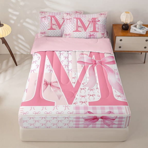 Homewish Pink Princess Bowknot Kids Zipper Twin Comforter Sets with Fitted Sheet and 2 Pillowcases,Bowtie Theme Initial M Alphabet Zipper Bedding Set For Girls,Pink Reversible,4 Pieces
