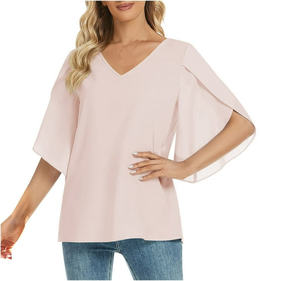 HAiming Summer Tops for Womens Dressy Trendy Split Ruffle 3/4 Sleeve V Neck Blouses Flowy Loose Casual Tunic Shirts