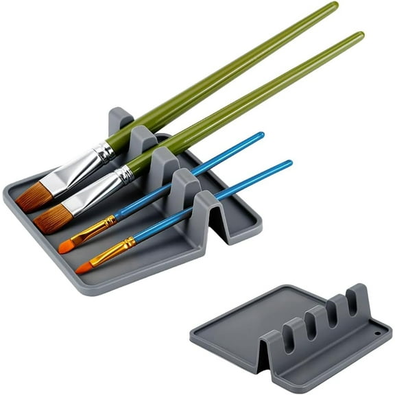 2 Packs Silicone Paint Brush Holders Gray Rectangular Organizer with 4 Slots for Drawing Artists Thick Paint Brush Drying Rest for Watercolor Oil Painting Accessories