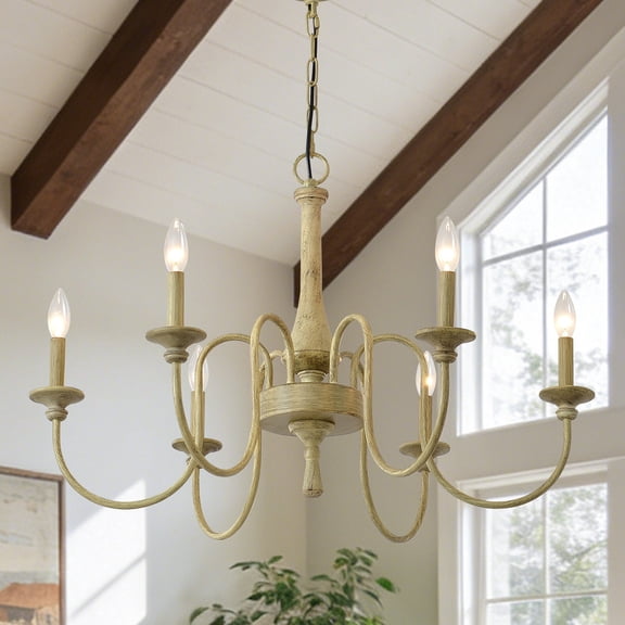 31" 6-Light Farmhouse Chandelier with Solid Wood Center | Antique Washed Finish | Dimmable Rustic Pendant Light for Dining Room, Kitchen Island, Foyer