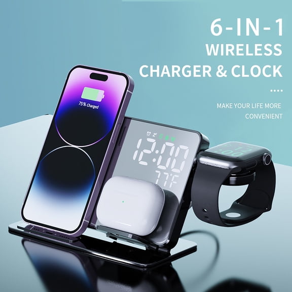 6-in-1 Wireless Charging Station with LED Digital Display & Alarm Clock