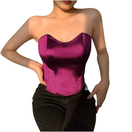Virmaxy Womens Bandeau Bra Solid Color Bra Fishbone Waist Tie Tank Tops Fashion Solid Girdling Slim Backless Tanks Top Short Breast Wrap
