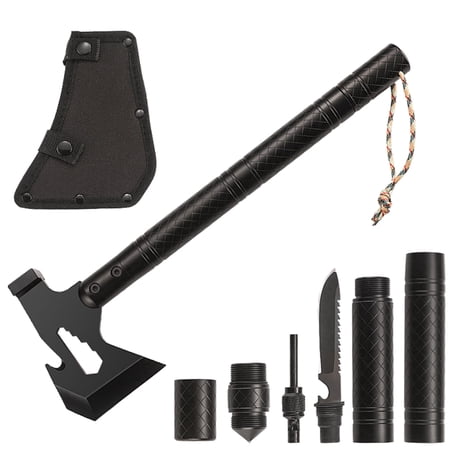 Multi-Tool Camping Axe with Knife Fire Starter Whistle Compass & Nylon Sheath Tactical Survival Hatchet for Hiking Hunting & Emergency