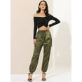 thumbnail image 3 of Pantalones cargo de satén sedoso de tiro alto elástico con cordón para mujer Verde XS, 3 of 6