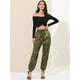 thumbnail image 3 of Pantalones cargo de satén sedoso de tiro alto elástico con cordón para mujer Verde S, 3 of 6