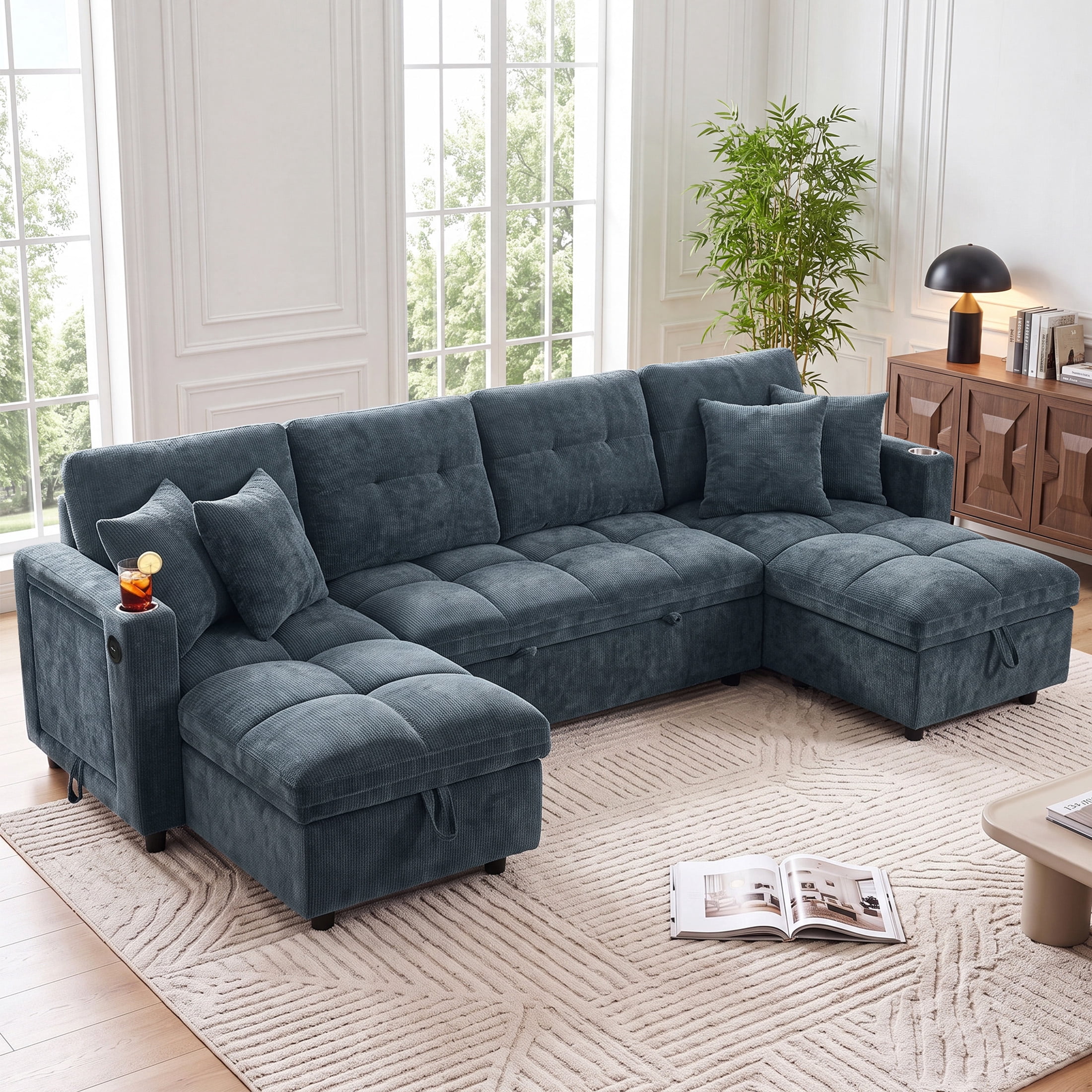 Aenkyo 108" Chenille U-Shaped Sectional Pull Out Sofa Bed with Dual Storage Chaises, Blue