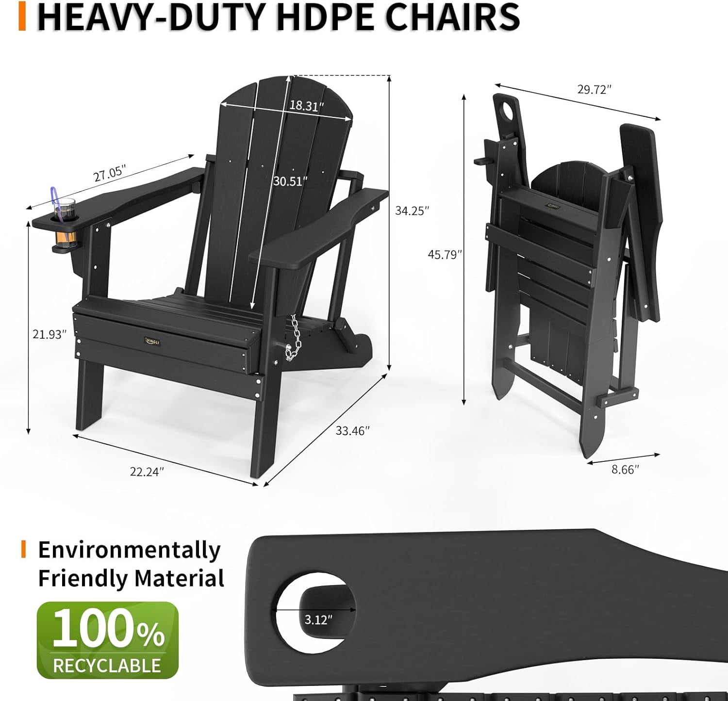 HJTER Plastic Adirondack Chairs, Folding with Cup Holder, Waterproof HDPE Material, Comfortable 380lb Weight Capacity for Outdoor Pool Patio Lounge Chair Lawn Furniture Firepit (Black)