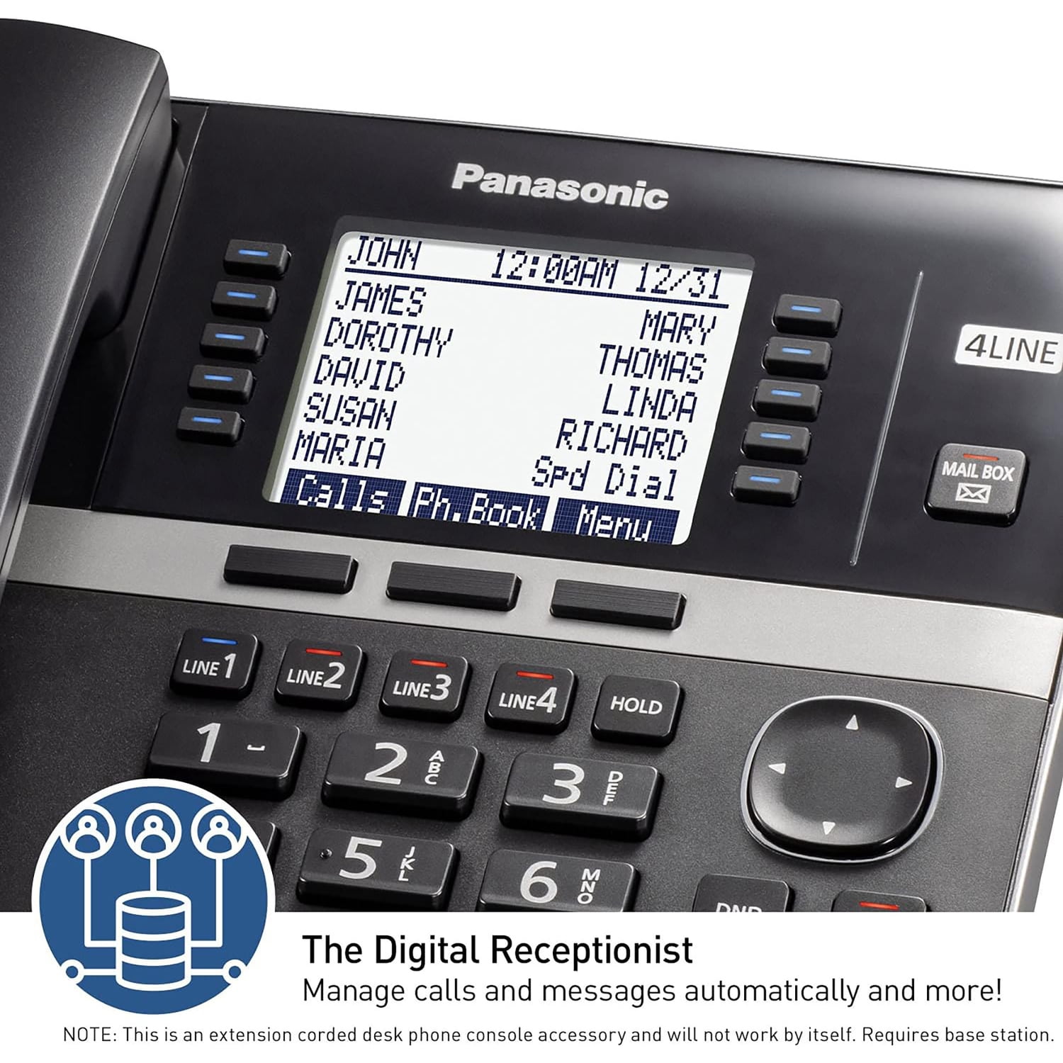 Panasonic DECT 6.0 Office Phone Extension with Corded Handset for KX-TGW420B 4-Line Office Phone Base Station, Black, KX-TGWA40B