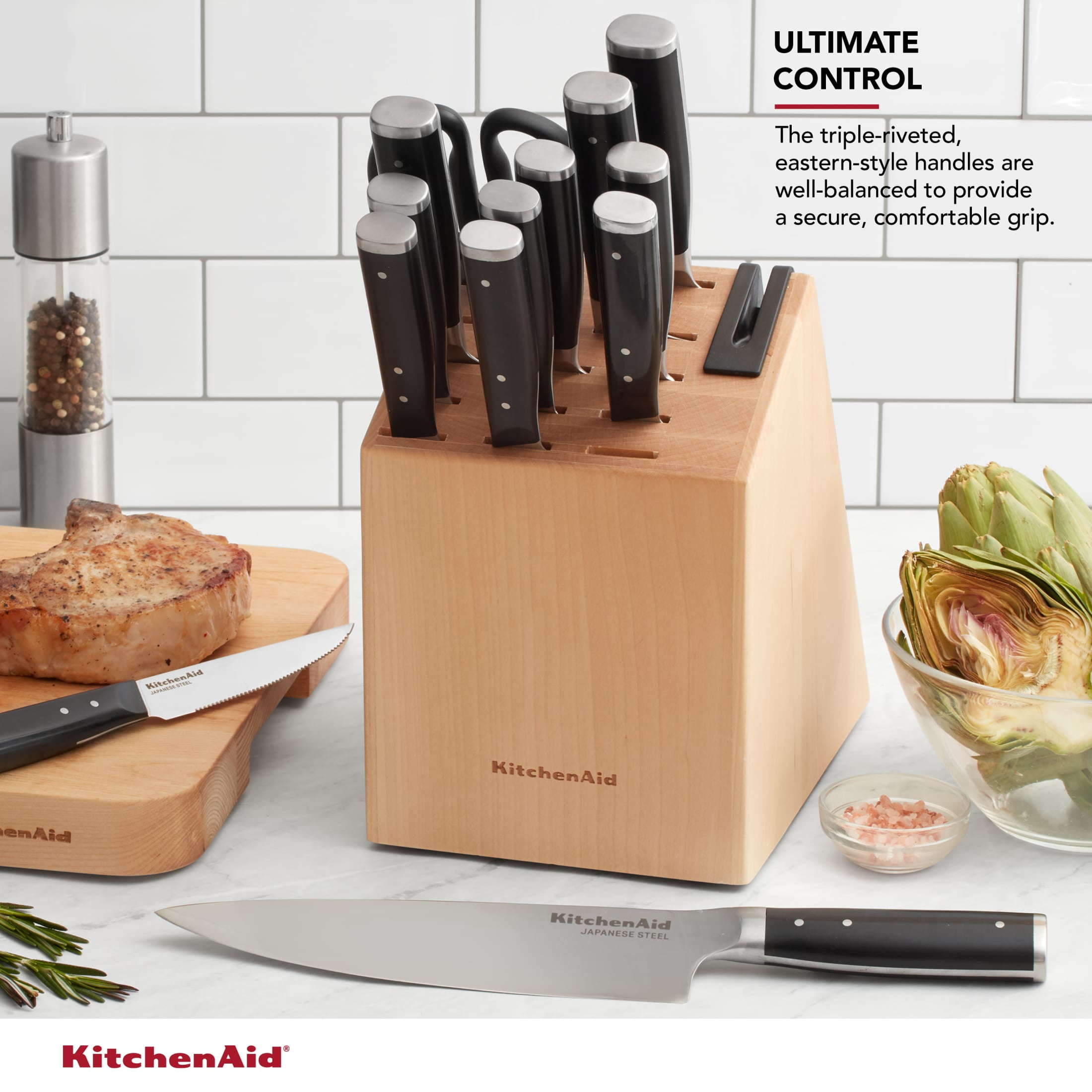 KitchenAid Gourmet 14-Piece Forged Knife Block Set with Sharpener, High-Carbon Steel, Black Birchwood
