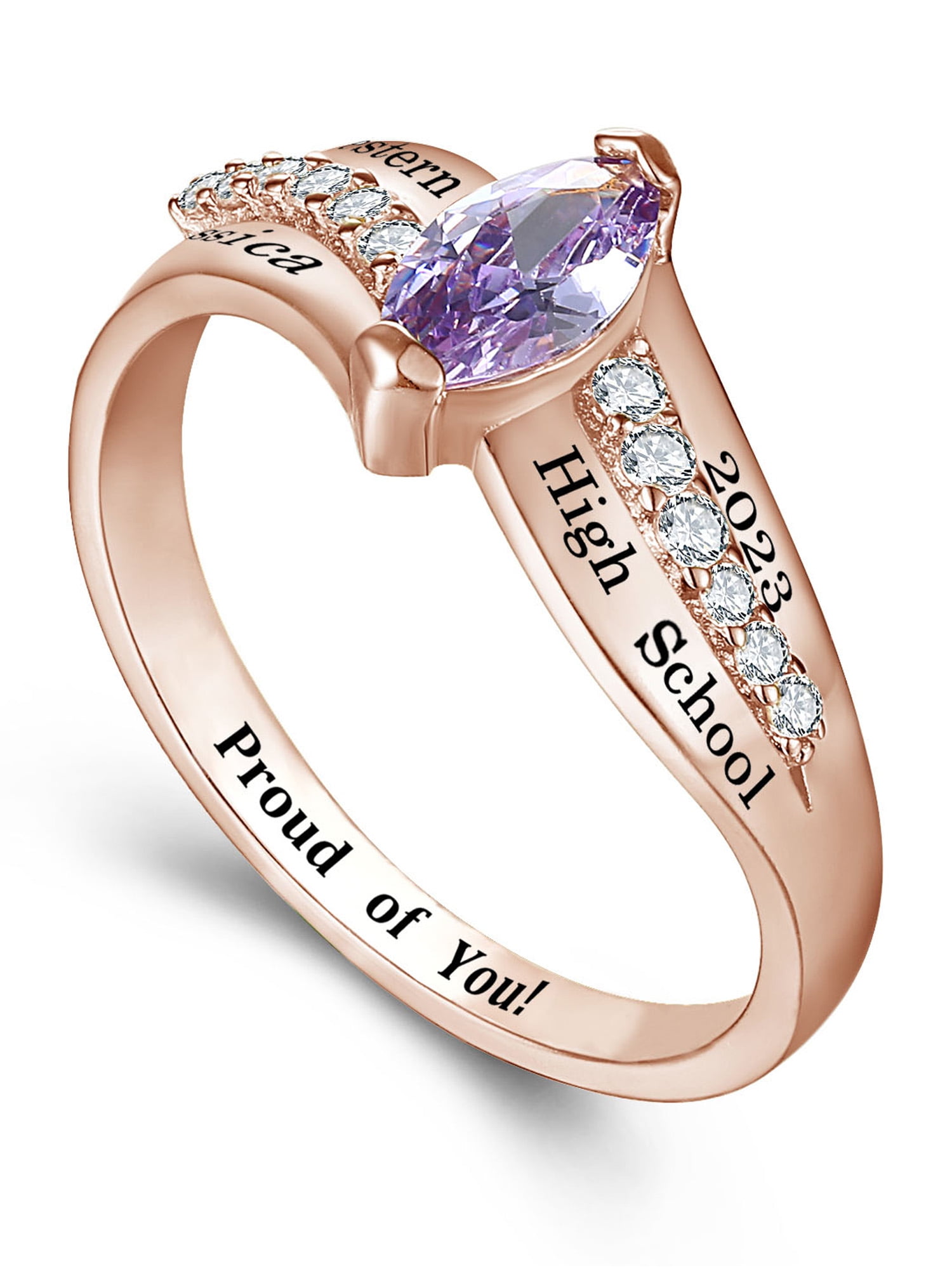 Mementos USA Custom Fashion Class Rings for Women High School and College-Sterling Silver/Rose Gold