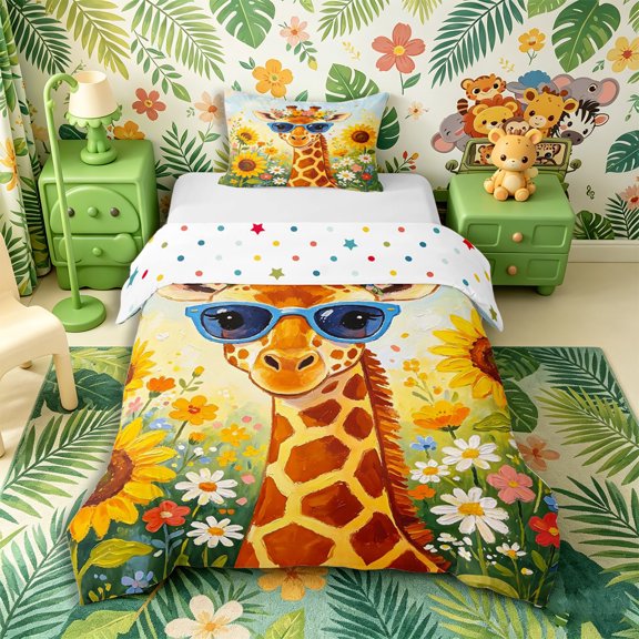 Castle Fairy Girls Cute Sunglass Giraffe Twin Duvet Cover,Sunflower Wild Floral Sky Twin Bedding,Brown Yellow Blue,Reversible,2pcs,No Comforter,1 Duvet Cover and 1 Pillowcase