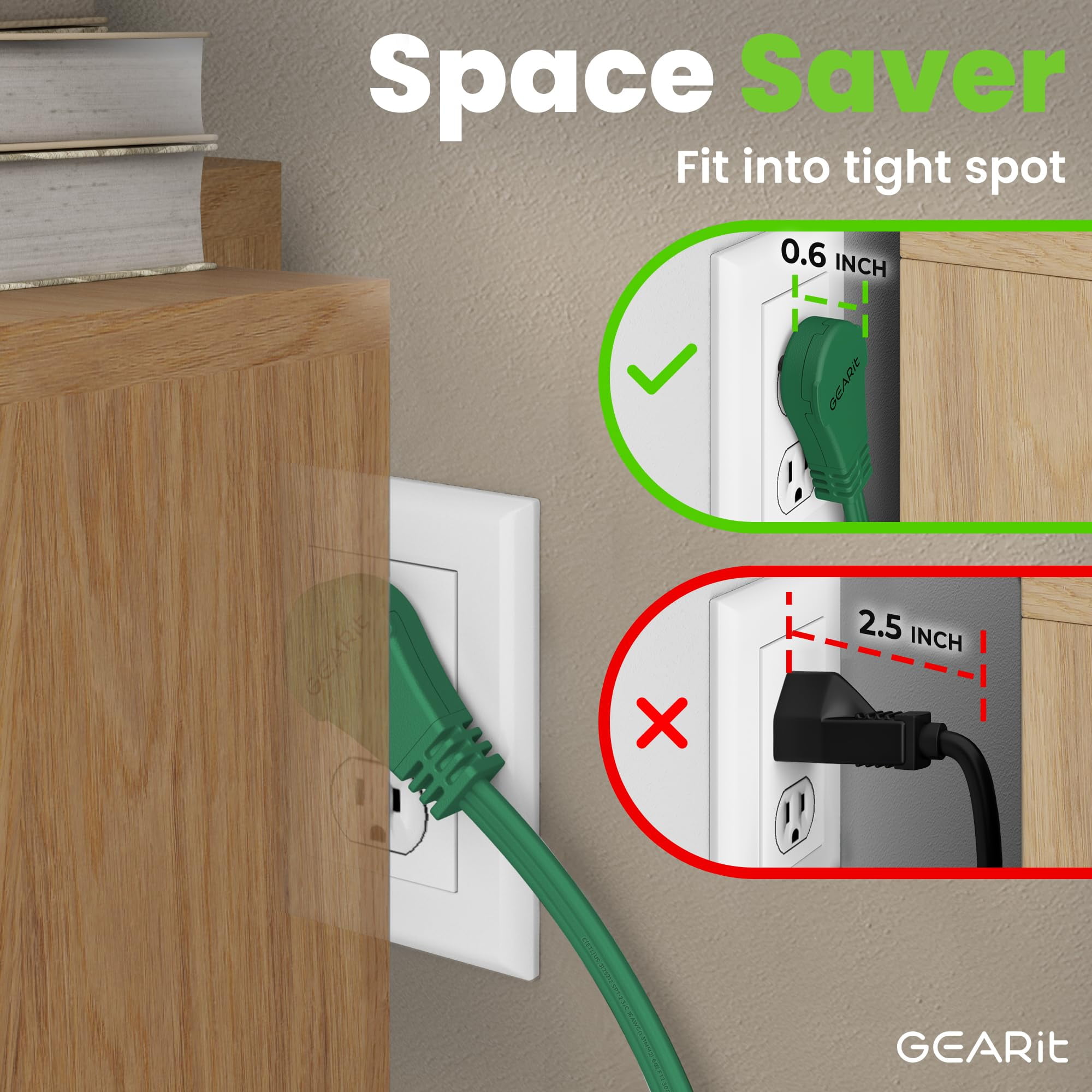 GEARit 360 Rotating Flat Plug Extension Cord with 3 Outlets (25ft, Green) 16AWG/13A 3 Prong Wire, Outlet Saver for Home Office Dorm Room Essentials, ETL Certified