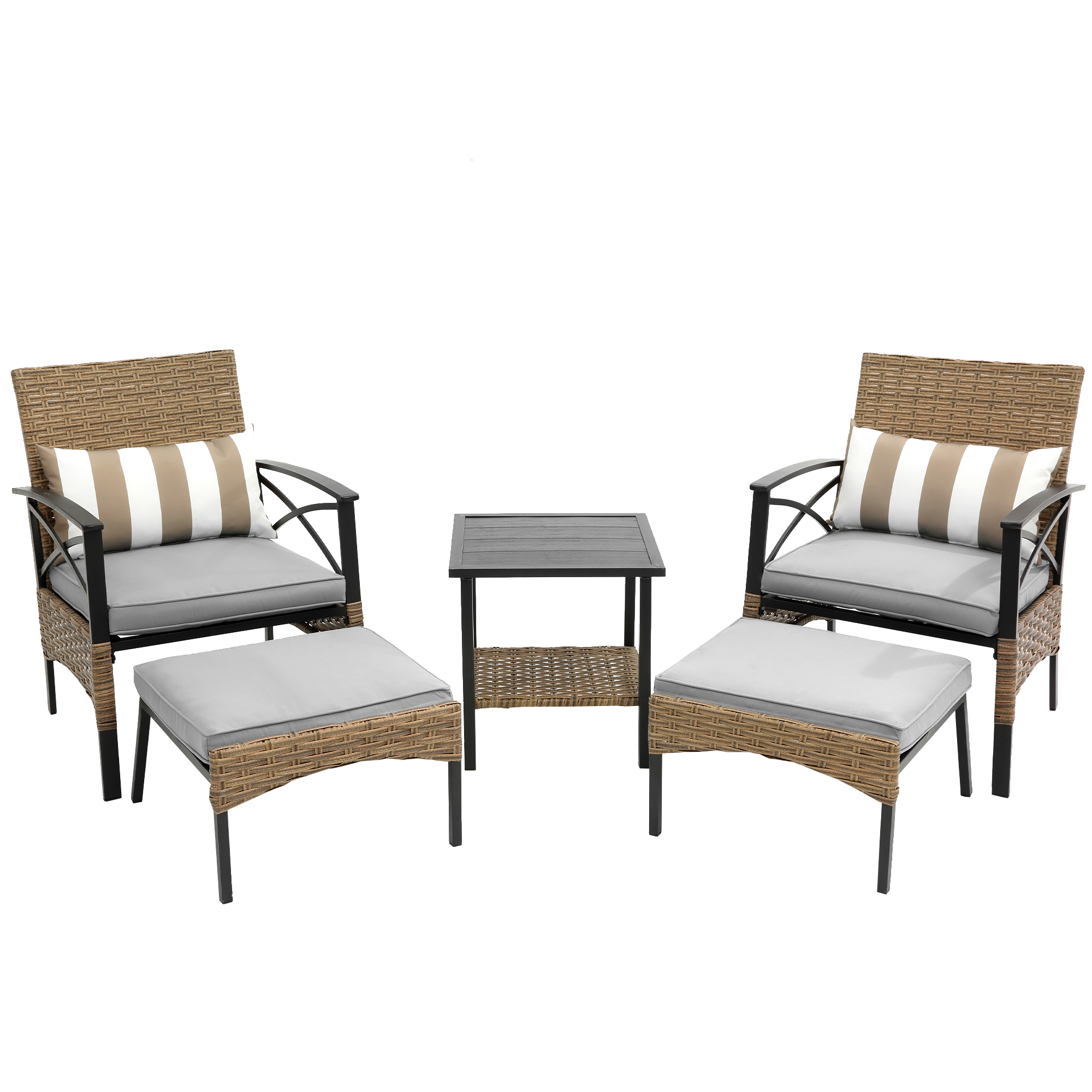 Patio Outdoor Furniture Chair Set, 5 PCS Wicker Sectional Sofa Set, Garden Conversation Set with 2 Cushioned Chairs, 2 Footstools & Tea Table, Lawn Pool Balcony Deck Yard Porch Chat Set - image 2 of 9