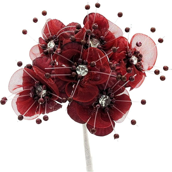 72PC Burgundy Artificial Organza Flower Rhinestone Pick for Home Craft Decor DIY Wedding Bridal Veil Headband Dress Cake Topper Embellishment Scrapbook Favor Corsage Floral Bouquet Arrangement