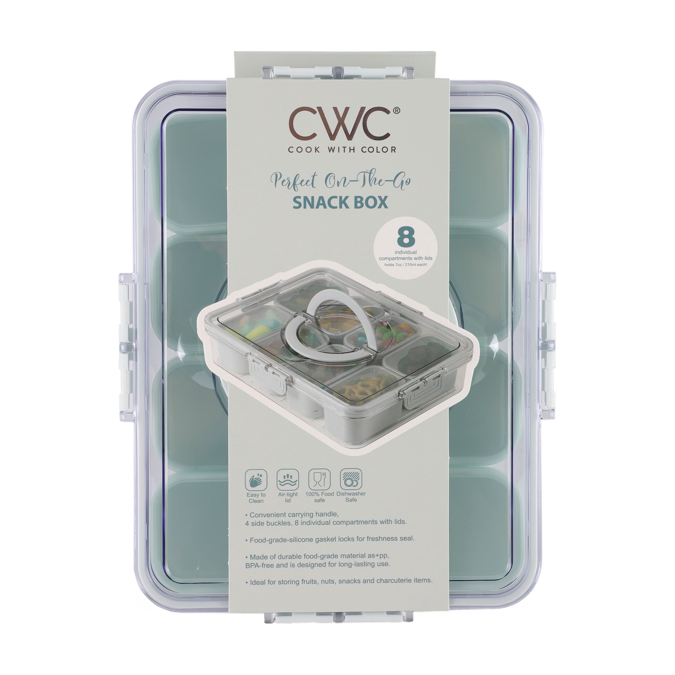 Cook With Color 8-Compartment Snackle Box Food Storage Carrier and Charcuterie Container, Divided Serving Tray with Lids and Handle, Gray, Portable and Dishwasher Safe