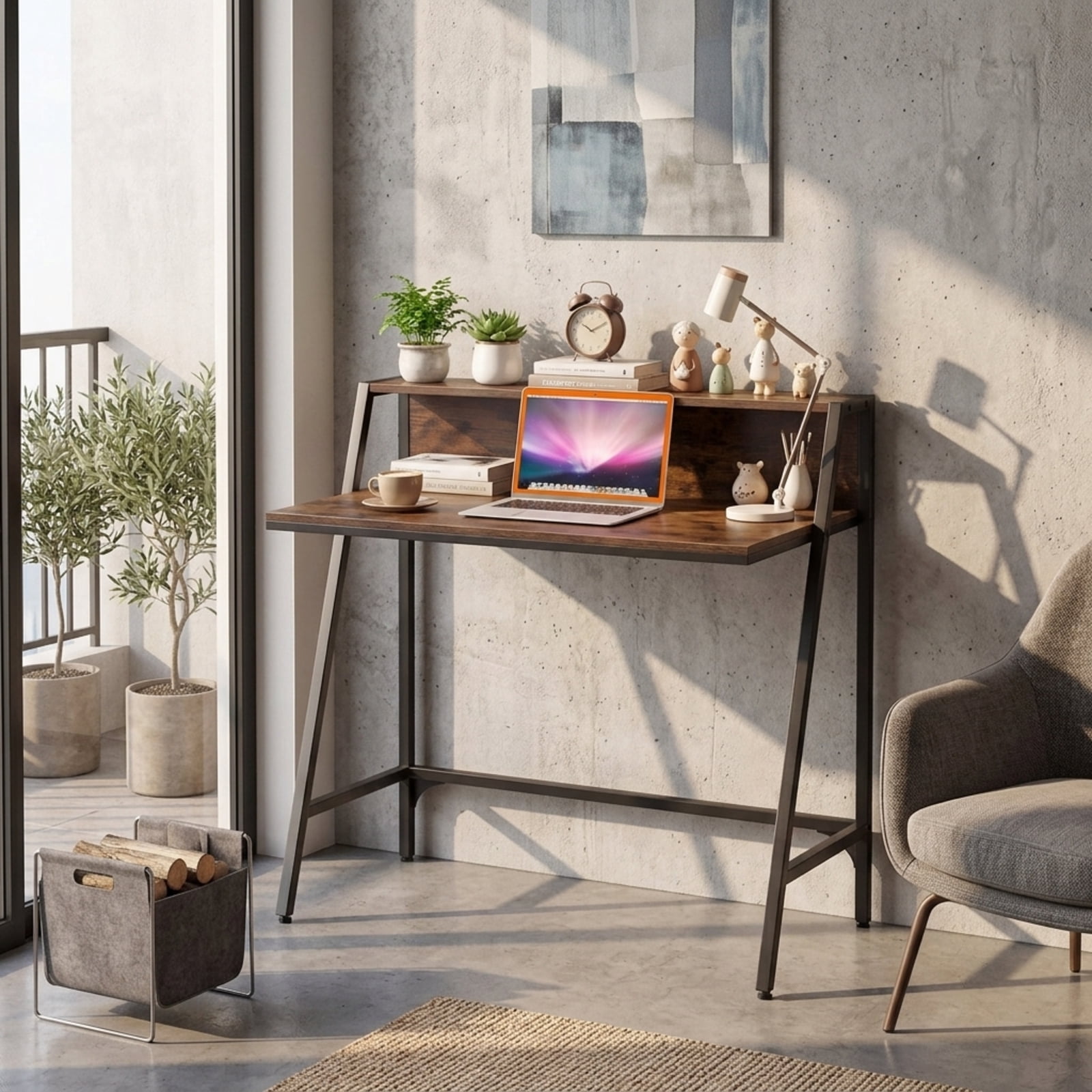 Furnibear Small Desk 31.5 Inch Industrial Writing Desk with Raised Shelf and Metal Frame, Space-Saving Home Office Computer Desk, Rustic Brown
