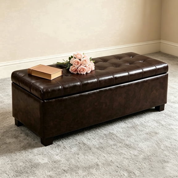 Leather Storage Bench End of Bed Queen, Tufted Flip Top 49.75" Brown