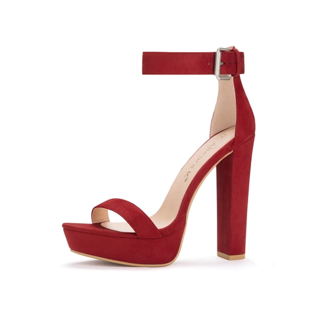BLISSFUL STEP Women's Shoes Faux Suede Ankle Strap Open Toe High Chunky Heel Platform Sandals Red 10.5