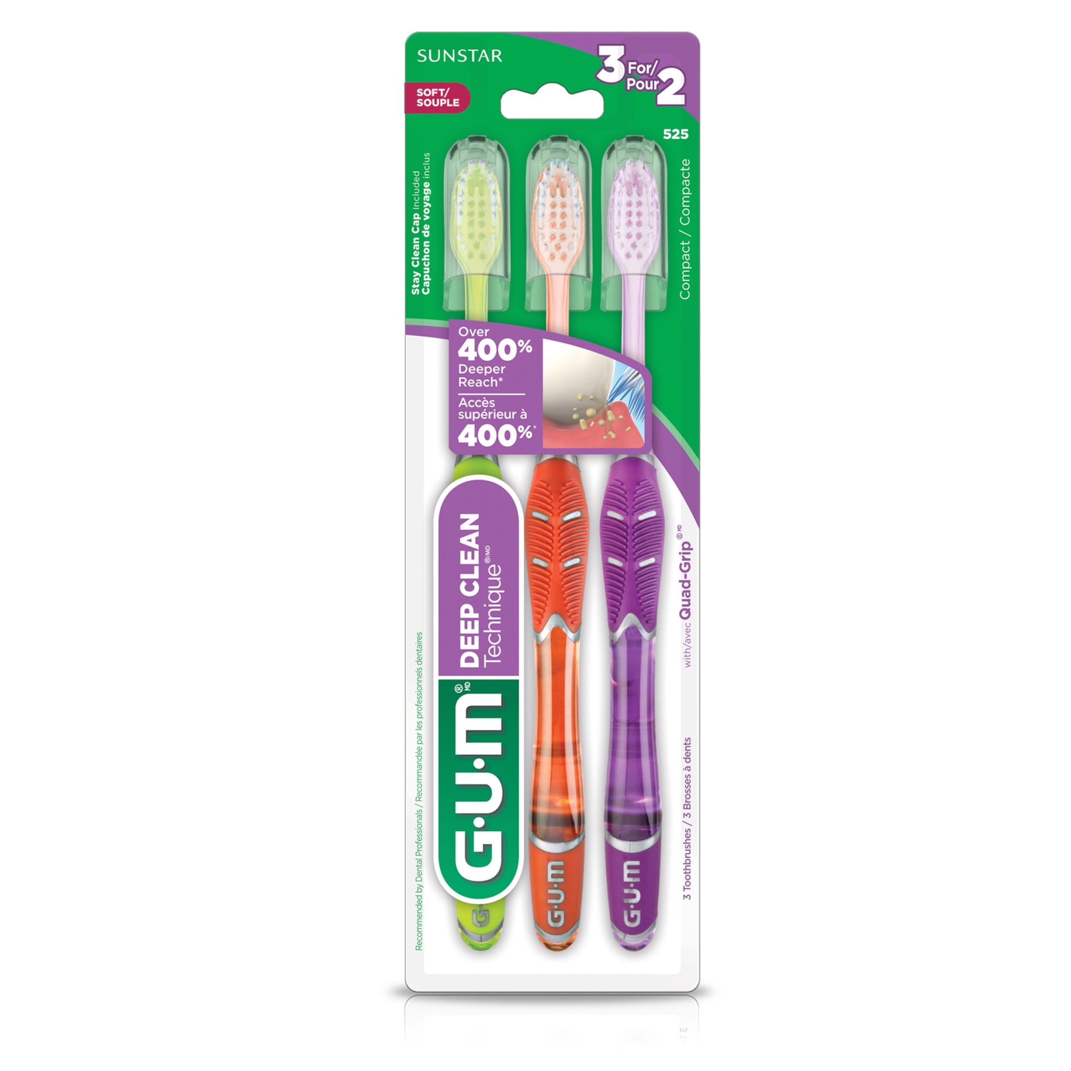 GUM Technique Deep Clean Toothbrush, Compact Head, Ultra-Fine Tapered Bristles for Adults, 3 Count, Recommended by Dental Professionals
