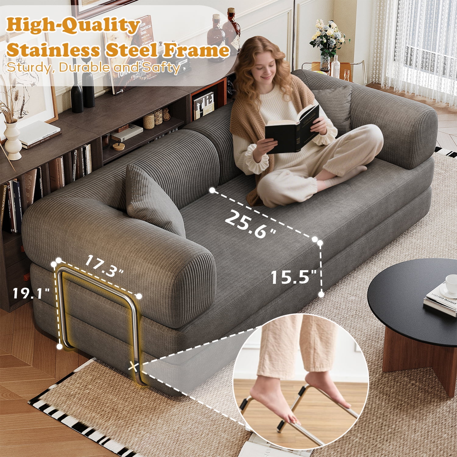 Eyisean 78.8" Corduroy Convertible Sofa Bed with Stainless Fixed-Shape Frame, 4-in-1 Boneless Loveseat with Pull-Out Bed, Lounge Futon Sofa Couch Floor Mattress for Living Room, No Assembly Required